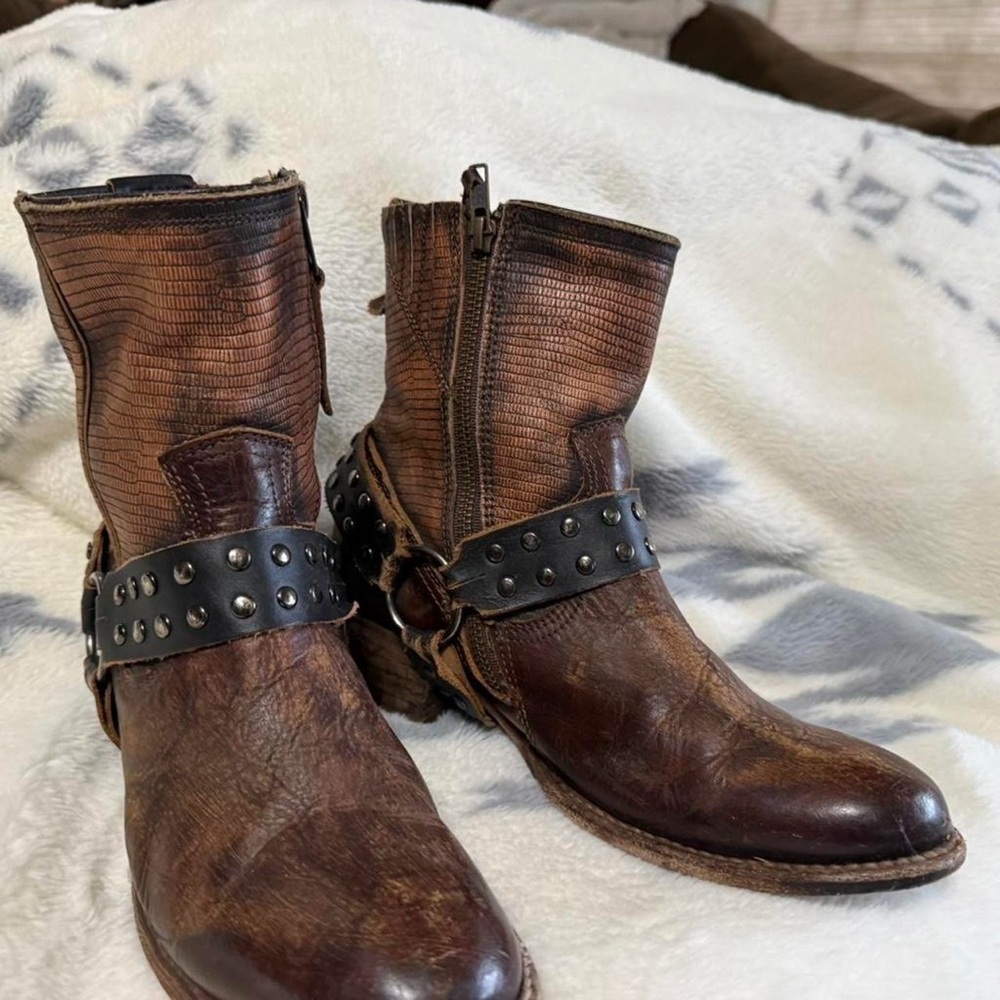Freebird by Steven Brown Distressed Leather Studded Harness Boots - Picture 2 of 6